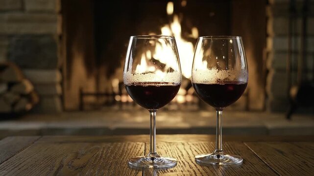 Two glasses of red wine standing on wooden table before a warm fireplace