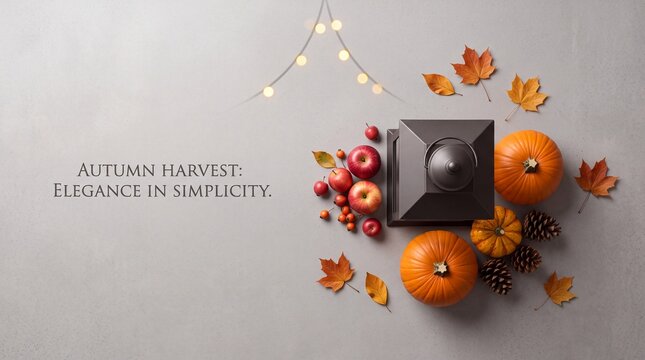 Top down overhead view of autumn harvest composition with orange pumpkins red apples pinecones and vintage lantern on grey stone background with string lights and descriptive text