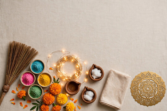Choti Diwali cleaning preparation background with rangoli colors powder diya marigold fairy lights broom cloth and copy space