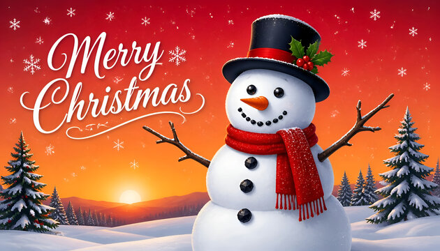 Whimsical snowman festive merry christmas greeting with falling snow and warm sunset colors