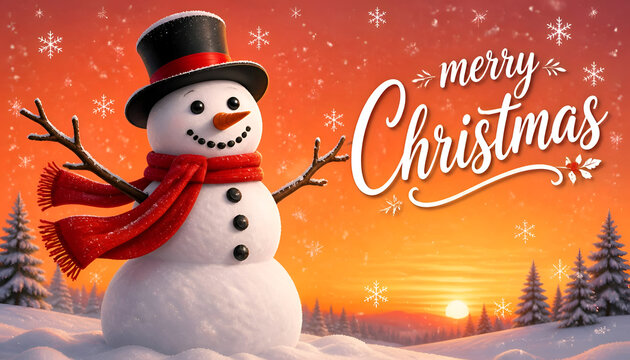 Whimsical snowman festive merry christmas greeting with falling snow and warm sunset colors