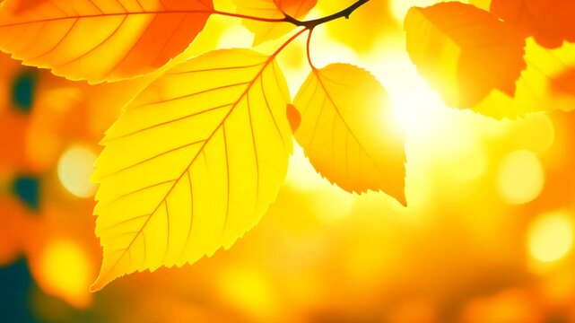 Low-angle close-up of golden orange autumn leaves glowing in warm backlight, delicate leaf veins illuminated by sunlight, soft circular bokeh in the background