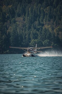 A seaplane taking off from a body of water in front of a dense pine forest.
