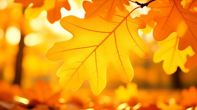 Low-angle macro close-up of mature golden-brown oak leaves with detailed veins, slightly curled edges and subtle natural imperfections, soft warm daylight grazing across the leaf surface