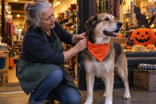 Pet shop worker checking a loose orange bandana on a calm large dog beside pumpkin decorations during a Halloween storefront visit