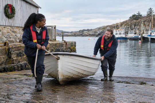 Two coastal volunteers pulling an empty rescue dinghy onto a low harbor slipway with plain life jackets during Christmas waterfront duties
