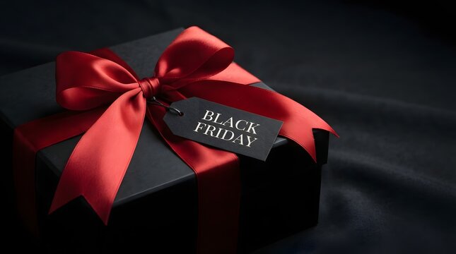 Elegant black friday gift box with a red ribbon and tag perfect for seasonal sales and promotions