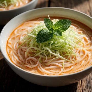Authentic Lao Khao Poon soup with rice vermicelli in spicy coconut curry sauce. White bowl contains noodles topped with shredded cabbage, fresh mint leaves. Traditional Southeast Asian meal served on