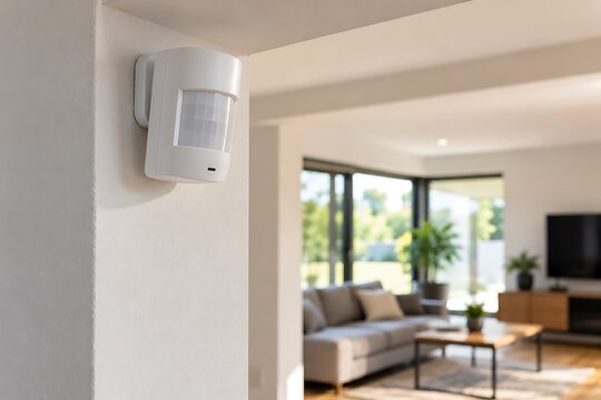 White passive infrared PIR motion sensor mounted on an interior wall overlooking a modern living room. Wireless motion detection technology for residential security, smart home monitoring