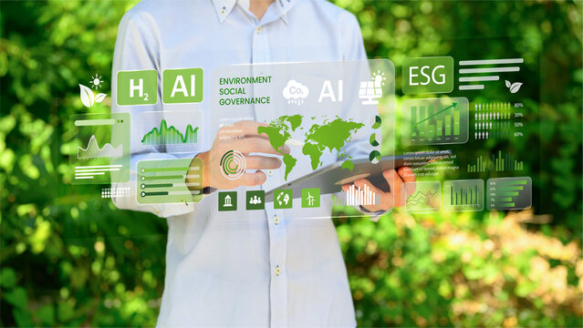 Businessman Touching Virtual ESG Interface While Holding Tablet for Sustainable Investment Strategy Analysis
