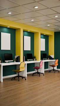 3D Illustration of a Colorful Creative Office Workspace with Three Workstations, Green and Yellow Walls, and Colorful Chairs