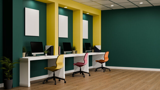 3D Illustration of Modern Creative Office Interior with Colorful Chairs and Workstations Against Teal and Yellow Walls
