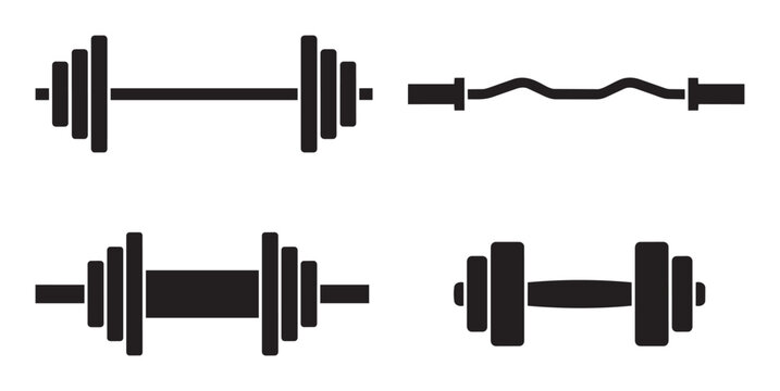 Barbell and dumbbell icon set, fitness gym equipment vector