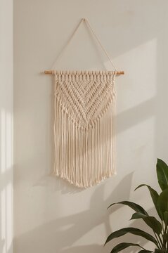 A woven macrame wall hanging with a diamond-shaped pattern and long fringe hanging on a wooden rod against a neutral-toned wall.