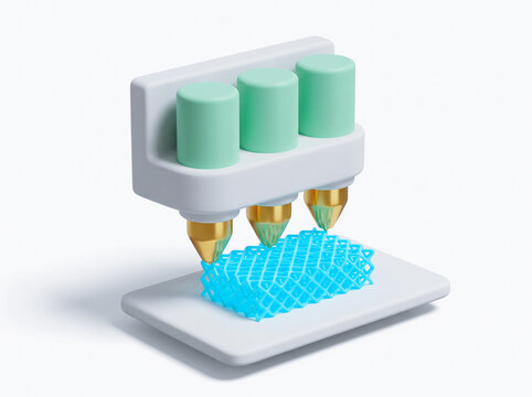 Multi nozzle extrusion bioprinter printhead dispensing blue hydrogel mesh scaffold concept of biomedical 3d tissue engineering isolated on white background 3d render