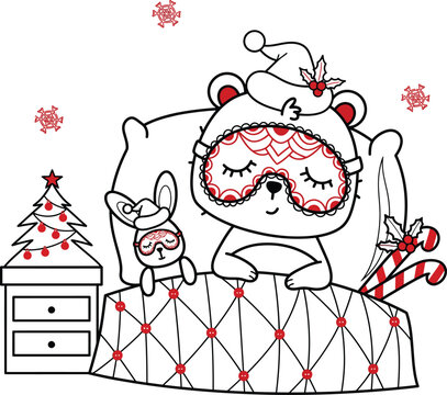 Adorable Christmas Bear and Rabbit Sleeping in Bed with Santa Hats and Eye Masks, Cozy Winter Holiday Vector Illustration for Coloring Book, Greeting Cards, and Festive Decor