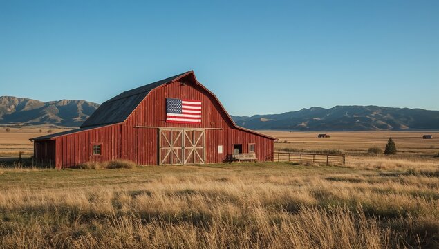 A rustic red barn with an American flag standing in a golden prairie field with mountains in the background under a blue sky.