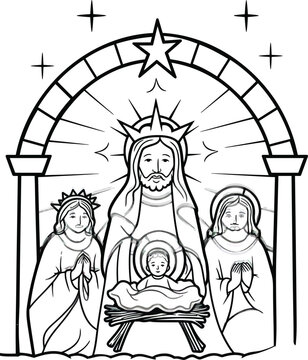 Religious Christian Nativity Scene Vector Line Art with Baby Jesus in a Manger, Mary, Joseph, and a Crowned Figure Under a Starry Arch, Ideal for Children's Coloring Books and Church Projects.