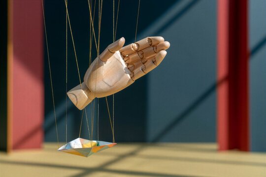 Wooden puppet hand manipulating a paper boat with marionette strings