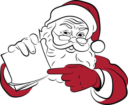 Santa Claus Character Holding and Pointing to Blank Sign for Your Message, Christmas Holiday Vector Illustration with Copy Space for Festive Greeting or Sale Announcement Header