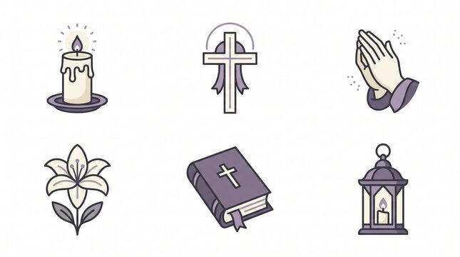 Religious icon set with candle cross bible and praying hands for church service graphic use.