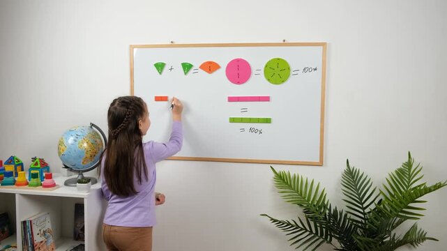 In 4K, a girl arranges magnetic fraction pieces on a whiteboard to show fraction addition and equivalence, connecting parts of a whole with percentages in a visual lesson.