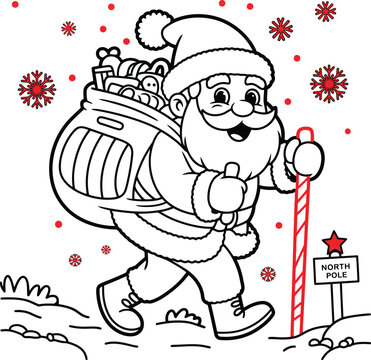 Cheerful Santa Claus Carrying a Sack of Toys at the North Pole Line Art - Festive Christmas Coloring Page Vector Illustration for Children and DIY Holiday Crafts Projects