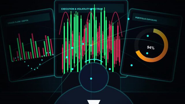 Abstract visualization of stock market data with a trader silhouette observing execution and volatility spectrum and portfolio exposure on screens.