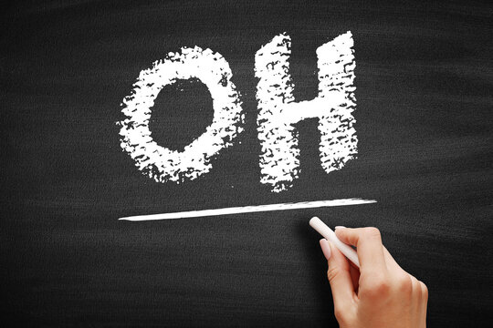 OH text acronym for Overheard handwritten in white chalk on a chalkboard. Concept for quoting conversations, rumors, social listening, eavesdropping, and sharing interesting news