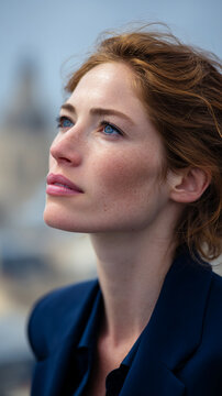 Close-up profile of a woman with red hair and blue eyes, showing her face with freckles and wearing a dark blue jacket, representing contemplation or ambition