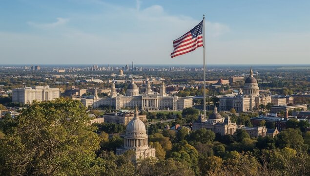 American flag waves proudly above city skyline. Grand domed buildings stand amid green trees. City sprawls under clear blue sky. Sunlight bathes historic architecture gently