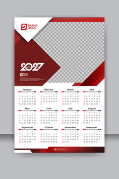 2027 Red and White Wall Calendar Template with Modern Geometric Design