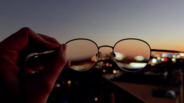 Hand Holding Glasses That Sharpen Distant City Lights at Dusk
