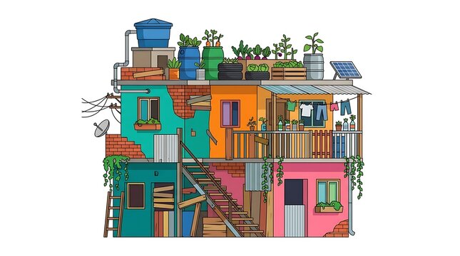 Modern Flat vector illustration of a favela house with a small rooftop garden made from recycled containers.