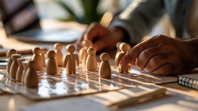 Analyzing current and future staffing needs through workforce planning top view of hands arranging wooden people figures on a printed calendar grid beside a laptop and notes workforce