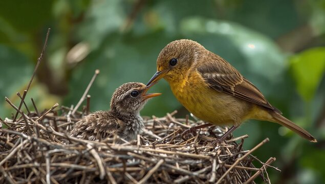 Parent bird feeds chick in natural nest. Tenderness captured in wild moment. Bright yellow breast contrasts brown feathers. Chick nestled among twigs with expectant gaze