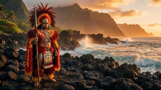Hawaiian warrior chief stands on volcanic coast with spear. Native man wears traditional red feather cape, helmet. Dramatic sunset clouds over ocean waves, mountains. Polynesian culture heritage,