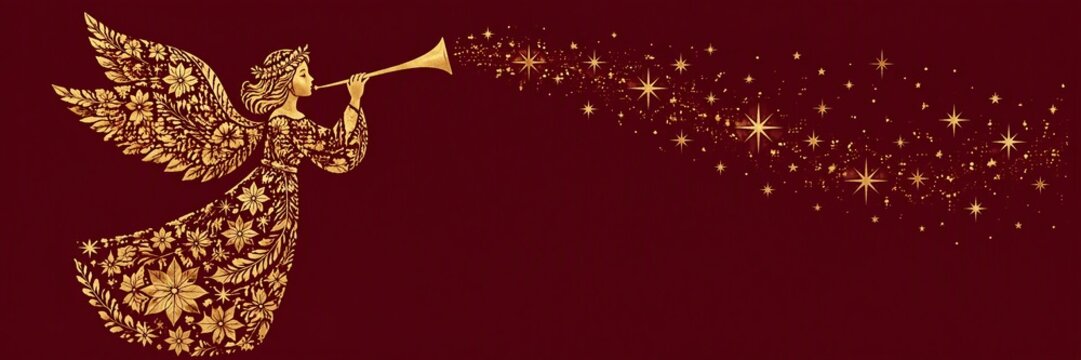 Golden floral angel blowing trumpet with sparkling stars on red background