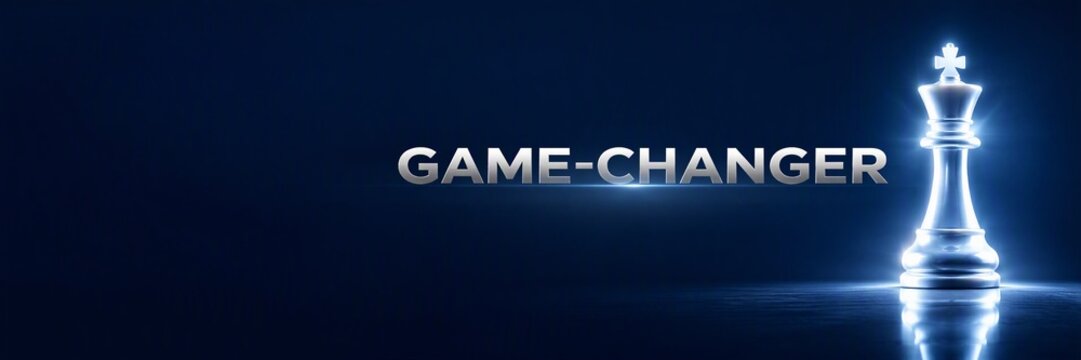 Glowing chess king piece beside metallic game-changer text on dark blue background