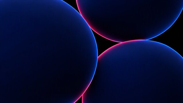 Abstract dark blue spheres with glowing neon edges on a black background