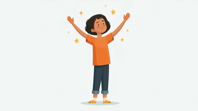 Animated girl celebrating with raised arms and a happy smile, surrounded by sparkling stars, conveying joy, optimism and achievement against an isolated white background
