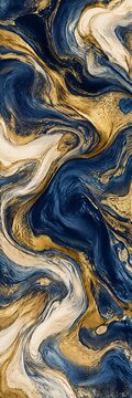 Abstract blue, gold, and white fluid marble texture painting background