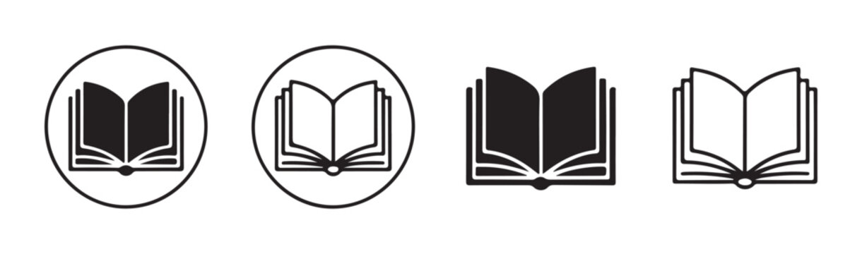 Open book silhouette icon set with circular frame line art elements for reading educational vector design.