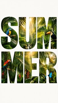 Large SUMMER text filled with tropical jungle background, parrots, toucan, and butterfly