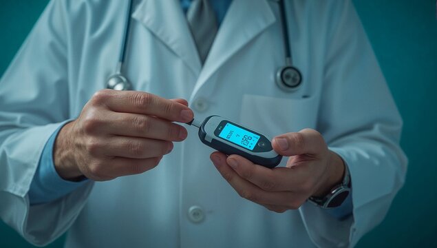Doctor holds glucose meter with test strip. Stethoscope rests on white coat. Hands display medical diagnostic tool. Blue screen shows numerical reading. Professional healthcare setting implied