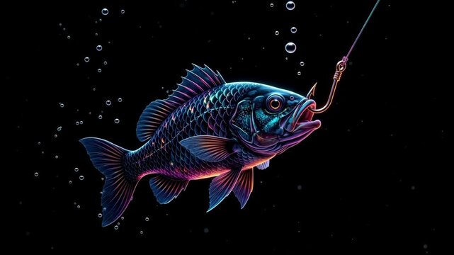 3D Animation of a Fish Biting a Fishing Hook Underwater, Professional Aquatic Marine Life and Sport Fishing Scene for Nature and Outdoor Content