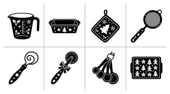 Christmas baking tools silhouettes set with measuring cup, loaf pan, pot holder, sieve, dough cutter, measuring spoons and cookie sheet for food