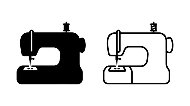 Two sewing machines in both solid silhouette and clean outline graphic styles