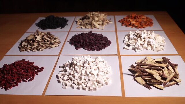 Various Korean Herbal Medicine Ingredients Collection Assortment Licorice Goji Berry Poria Traditional Medicine Korea 다양한 한약재 한약재료 모음 감초 구기자 복령 숙지황 당귀 한방 한의학 전통의학 한국