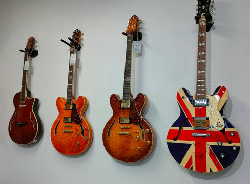 Kyiv, Ukraine - October 11, 2026: Epiphone Noel Gallagher Signature Supernova electric guitar featuring the iconic Union Jack British flag design.